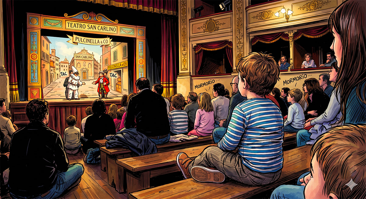 Bambino di tre anni assorto guarda uno spettacolo di burattini al Teatro San Carlino